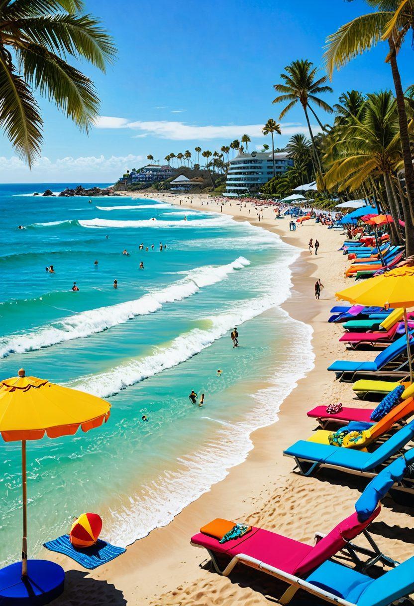 A lively beach scene featuring a vibrant assortment of beachwear, with stylish swimsuits and accessories displayed against a sunny backdrop. Showcase fun pool parties with colorful floaties, lounge chairs, and beach umbrellas, transitioning into serene ocean waves with surfers catching the waves. Include palm trees swaying gently in the breeze, adding a tropical vibe. Emphasize a feeling of excitement and adventure. super-realistic. vibrant colors. sunny background.