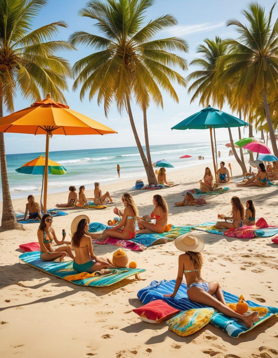A vibrant beach scene showcasing diverse models in stylish bikinis that represent the latest swimwear trends. Include a tropical backdrop with palm trees, colorful beach towels, and playful beach accessories. Highlight different occasions such as lounging, surfing, and beach parties. Capture the joy and confidence of summer fun. super-realistic. vibrant colors. sunny atmosphere.